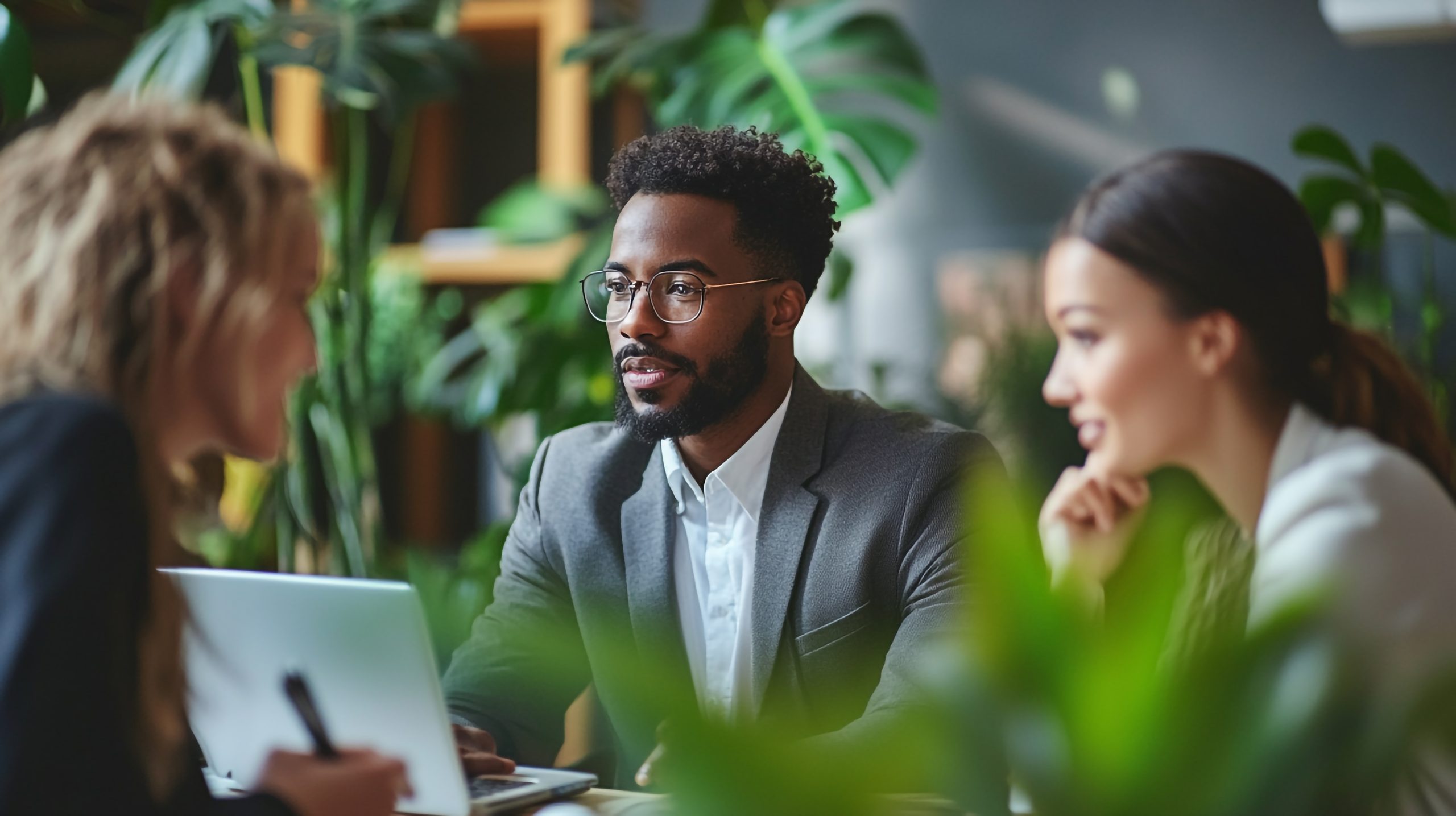 Business professionals collaborating in a modern workspace