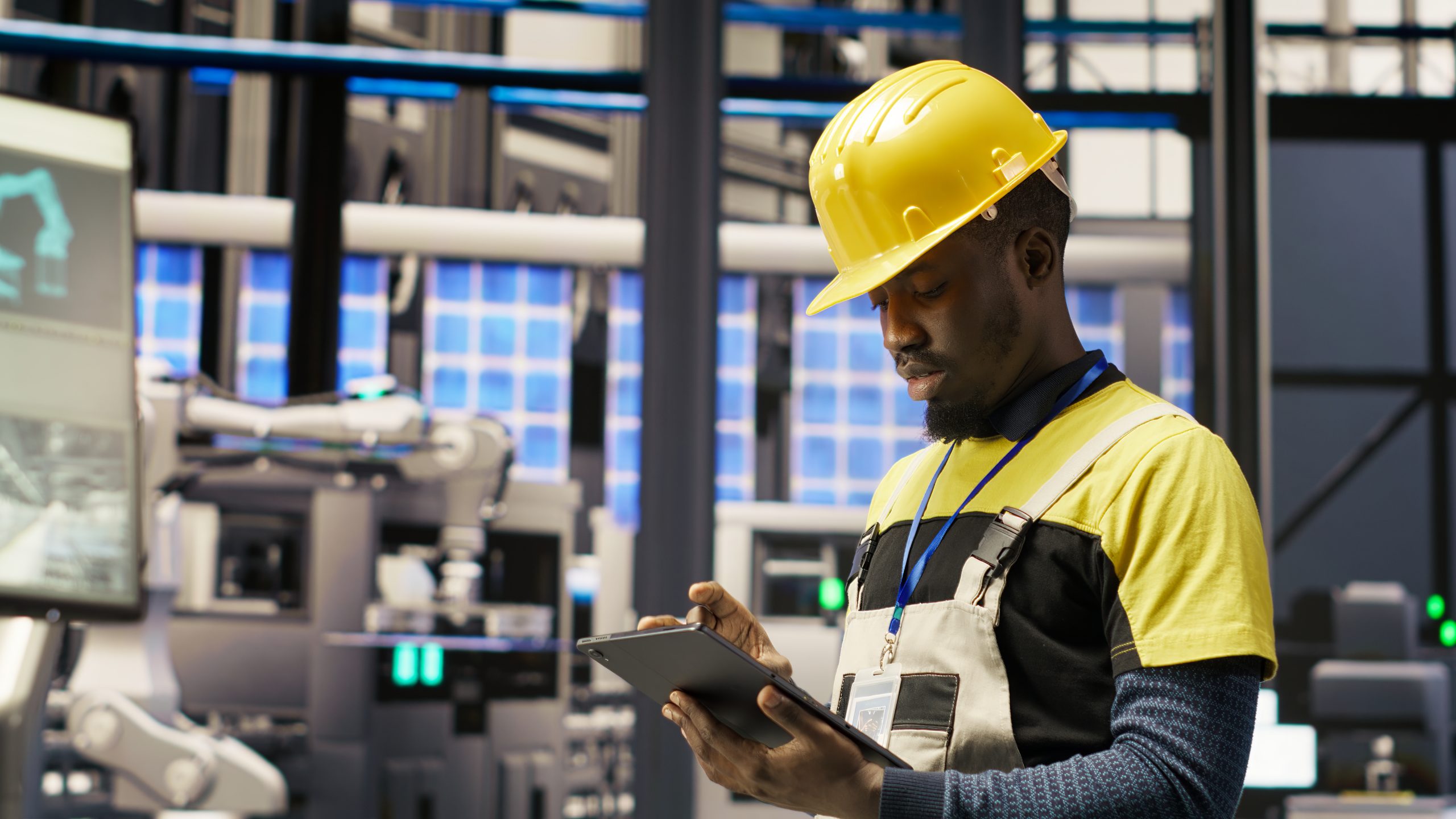 Technical professional performing industrial equipment maintenance using a tablet